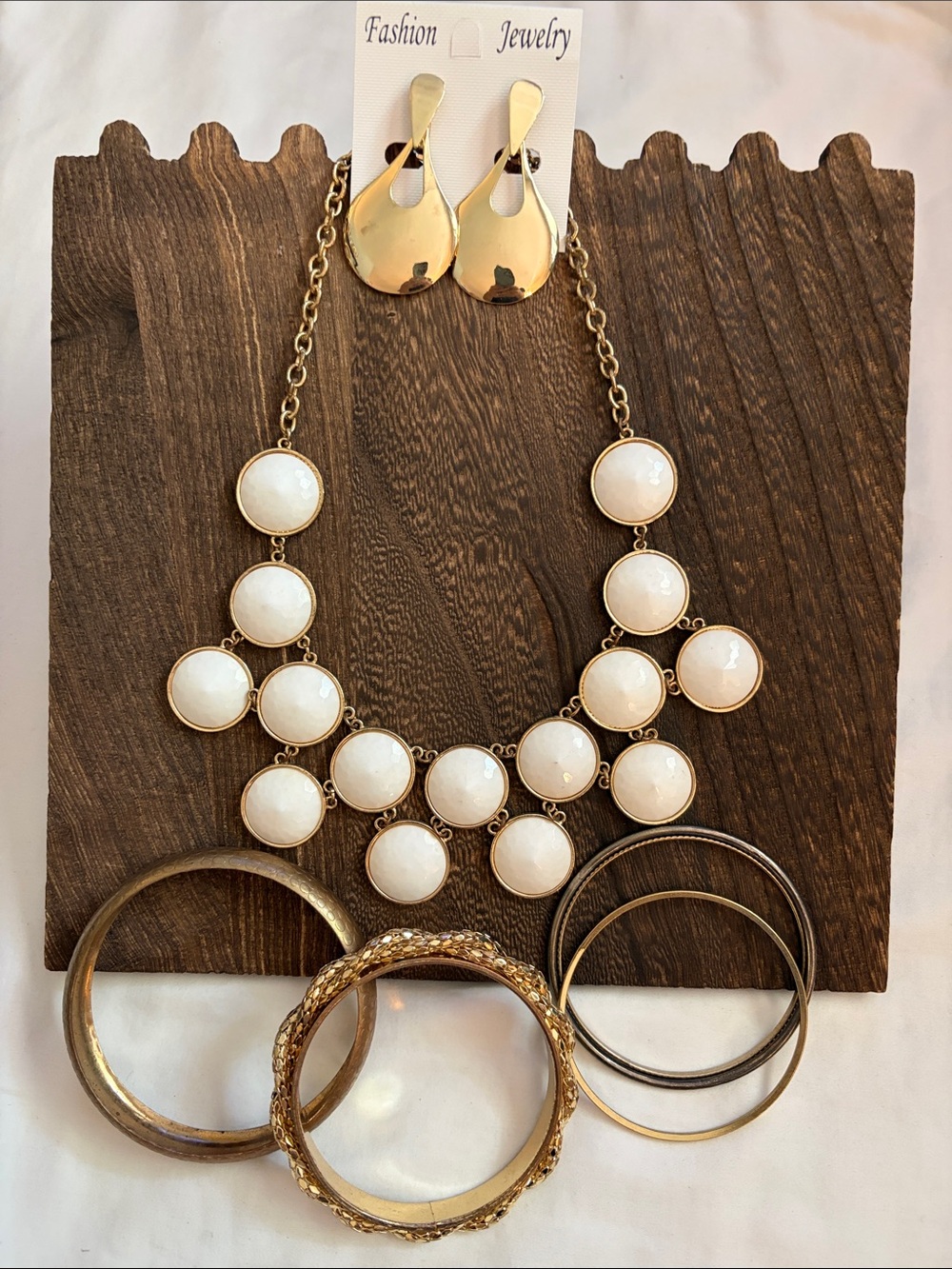 Gold-Tone White Statement Bib Necklace and Bracelets/Earring Set